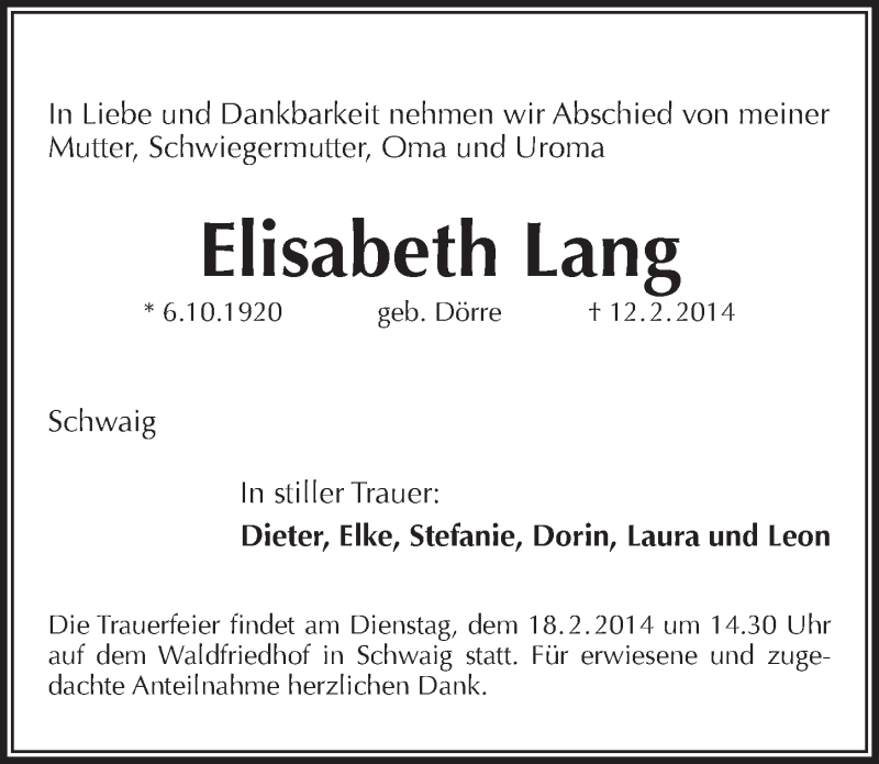  Traueranzeige für Elisabeth Lang vom 15.02.2014 aus Pegnitz-Zeitung